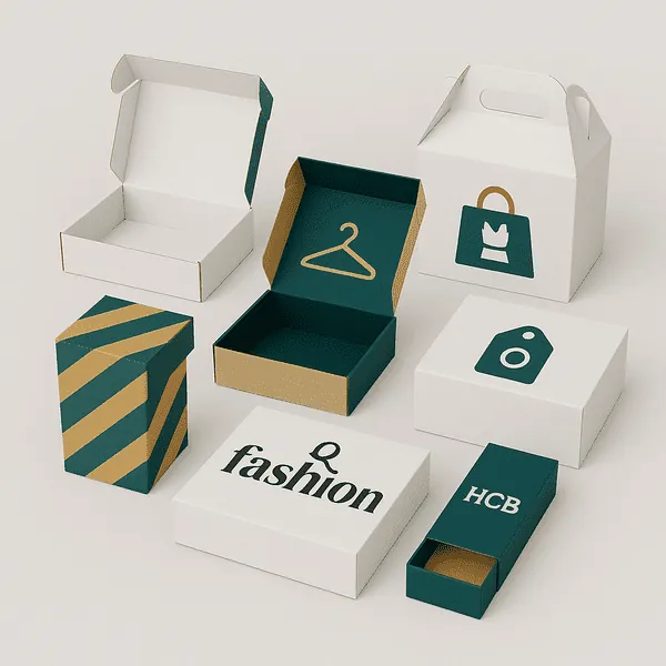 Custom apparel packaging boxes in various styles and sizes including mailer gable and sleeve boxes