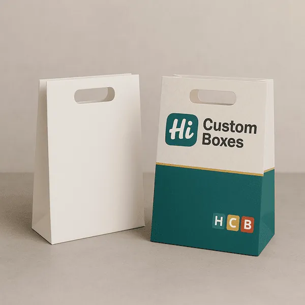 Two diecut handle paper bags one plain white one branded with Hi Custom Boxes logo and colours class=