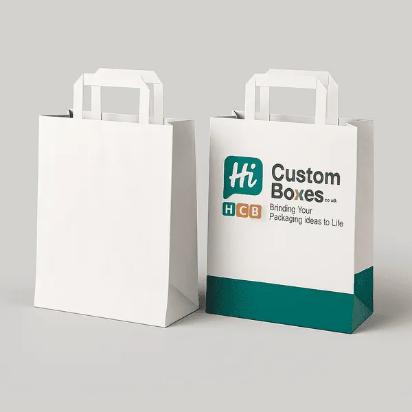Two paper shopping bags with flat handles one plain white one custom printed with Hi Custom Boxes class=