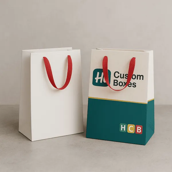 Two paper gift bags with red handles one plain white one custom printed with Hi Custom Boxes logo class=