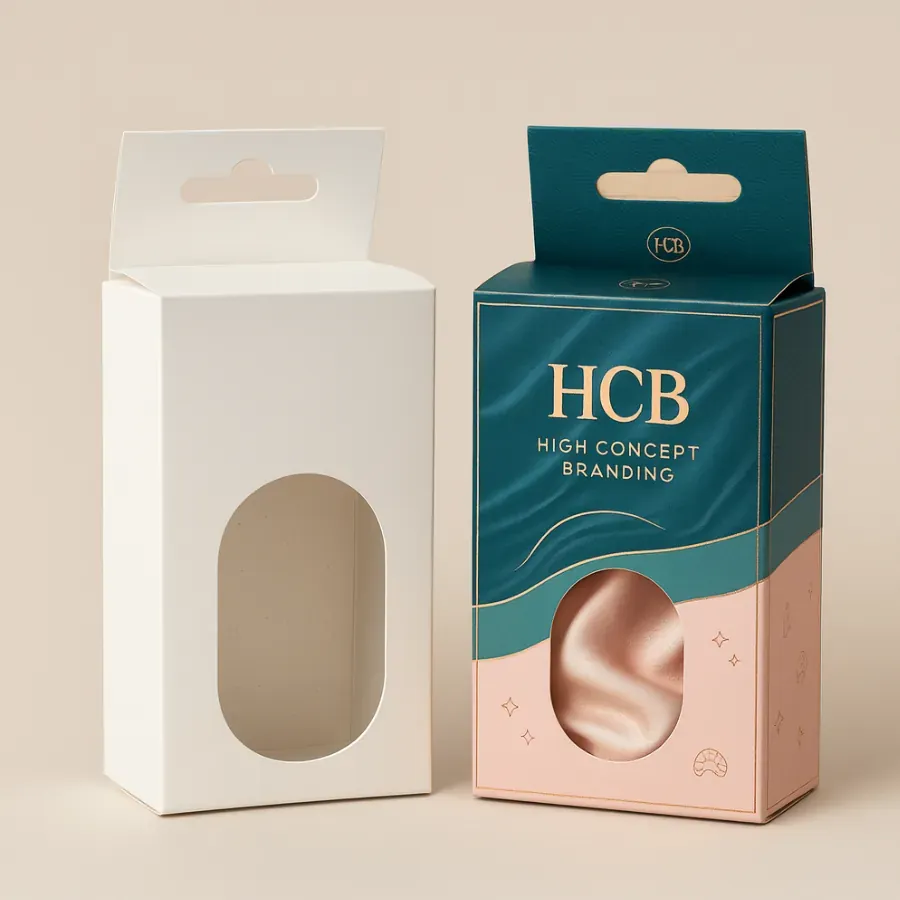 Custom hair hood boxes with window and hanger tab for retail display