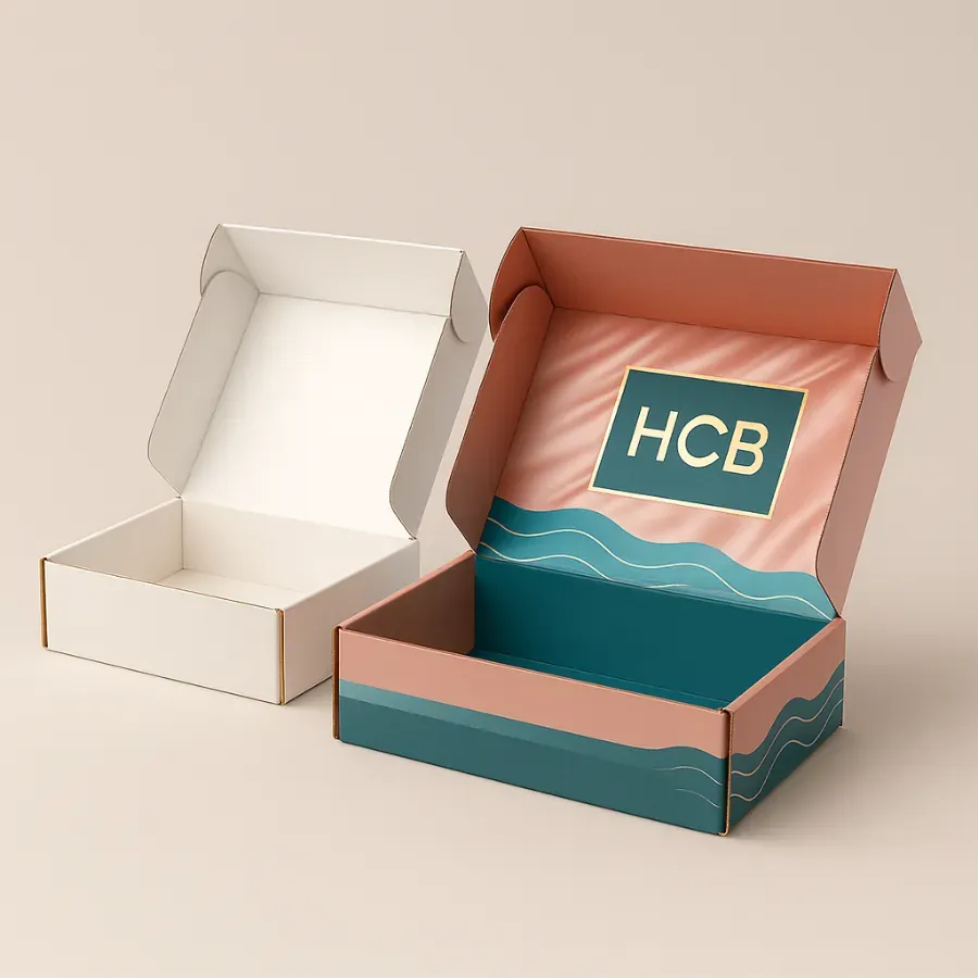 Custom mailer boxes for hair hoods- with a tropical coral and teal design class=