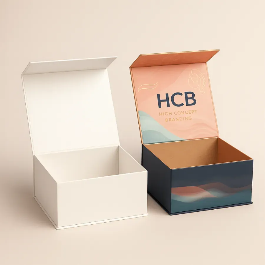 Luxury magnetic rigid boxes for hair hoods- open with custom artwork class=