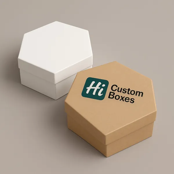 Two hexagon shaped rigid boxes one plain white and one kraft box with Hi Custom Boxes branding class=