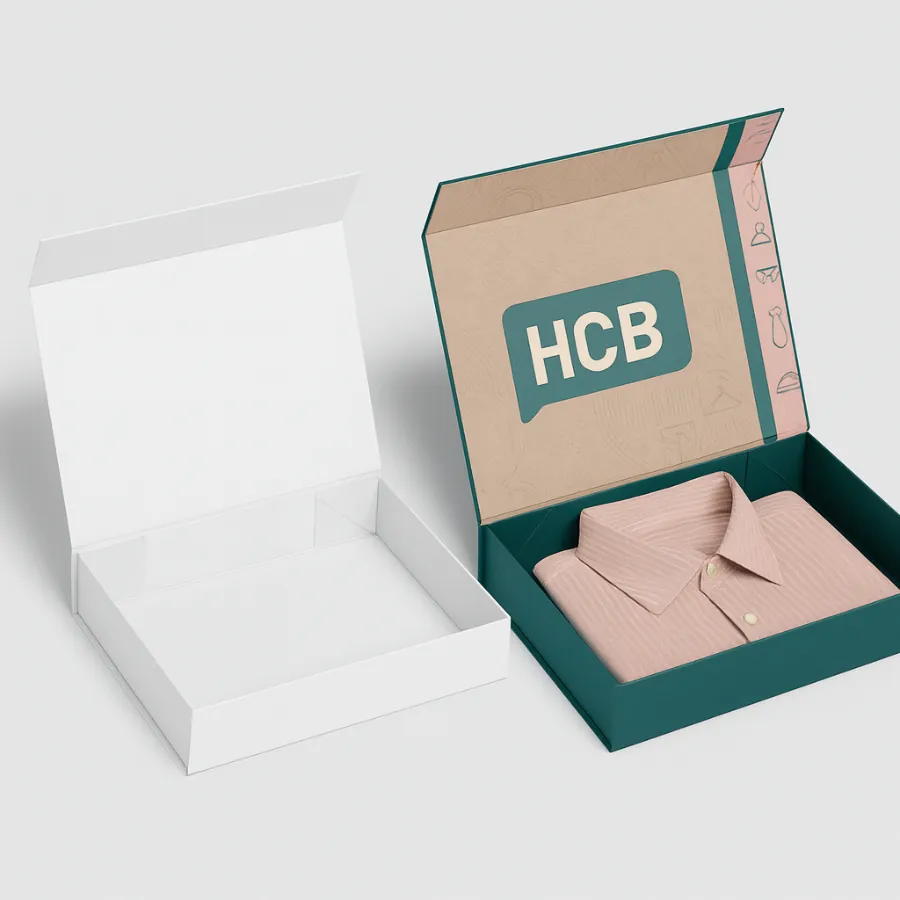 Open mailer shirt boxes- one plain white and the other teal with pink accents and -HCB- branding- displaying a folded pink collared shirt inside- class=