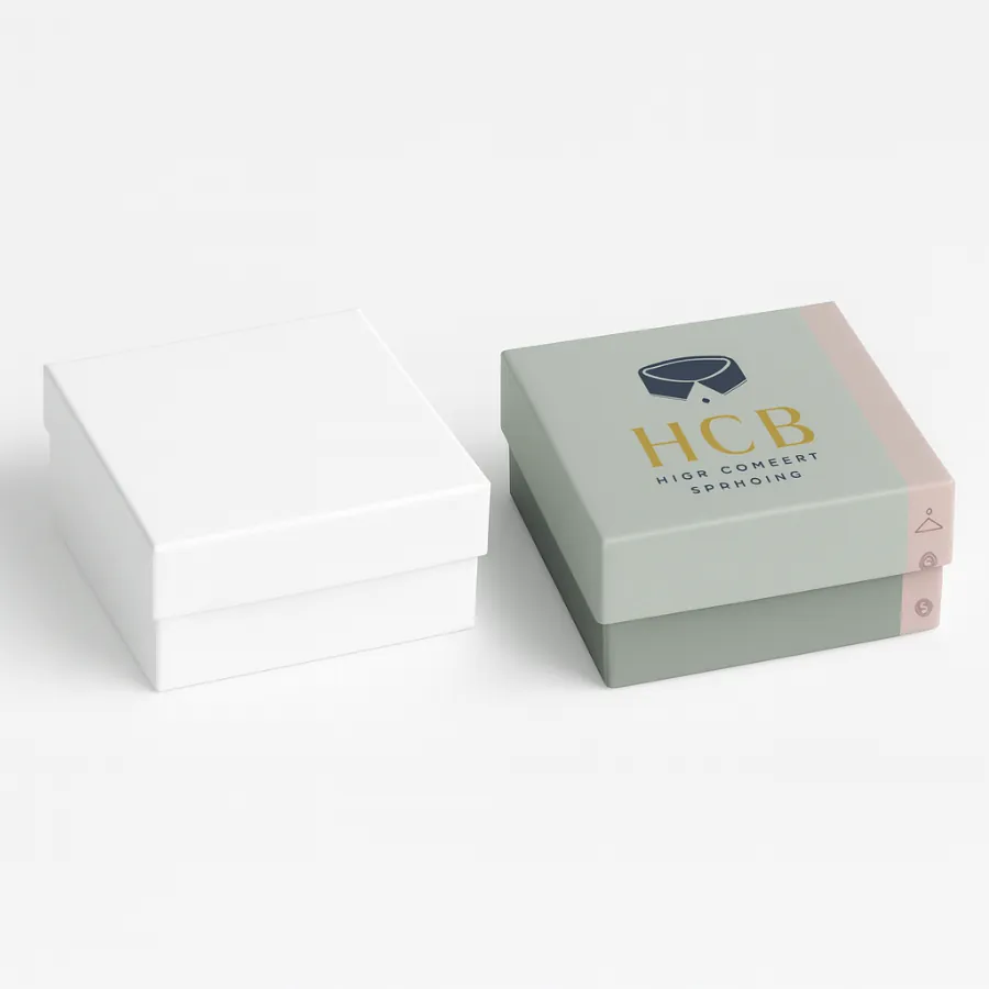 Two square rigid apparel boxes with lids- one plain white and the other in green with pink side band- featuring -HCB- logo and collar icon design- class=