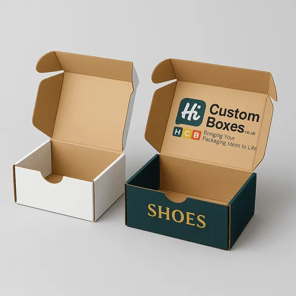 Two open shoe boxes one plain white one custom printed with Hi Custom Boxes logo and SHOES text class=