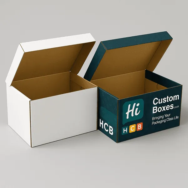 Two open mailer boxes one plain white one custom printed with Hi Custom Boxes branding inside class=
