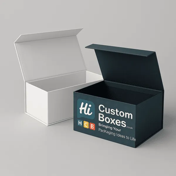 Two rigid flap boxes one plain white and one custom printed with Hi Custom Boxes logo and tagline class=