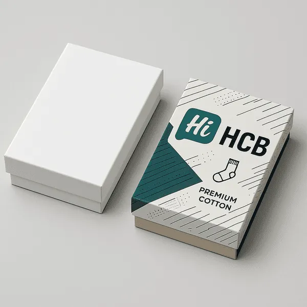Two rectangular sock boxes one plain white one custom printed with Hi HCB Premium Cotton design class=