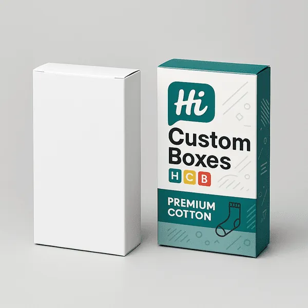 Two vertical sock packaging boxes one plain white one custom printed with Hi Custom Boxes design class=