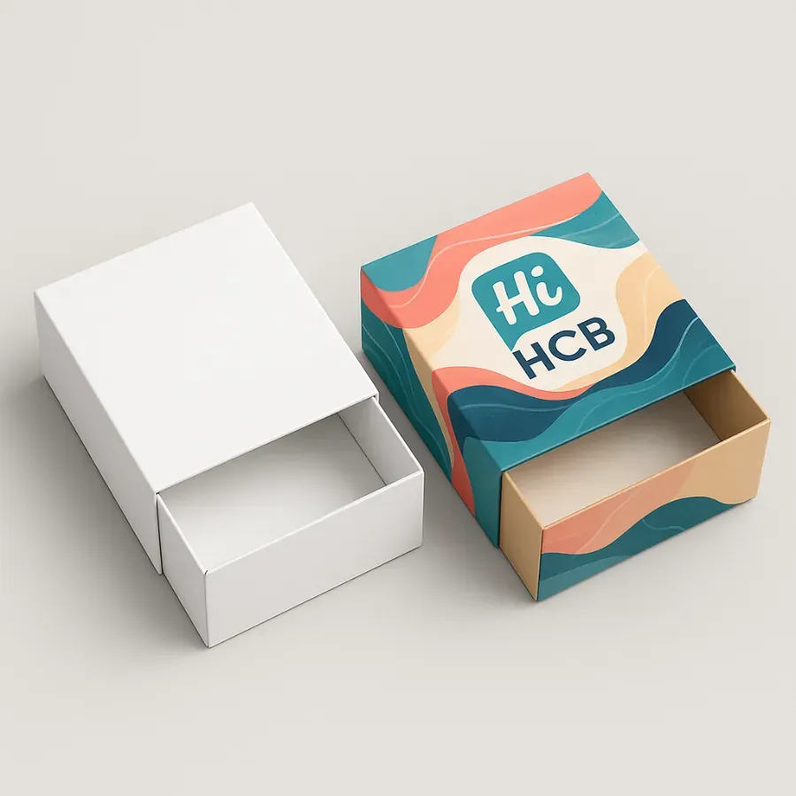 Custom drawer slider boxes for swimwear- featuring a bright abstract wave pattern and pull-out tray