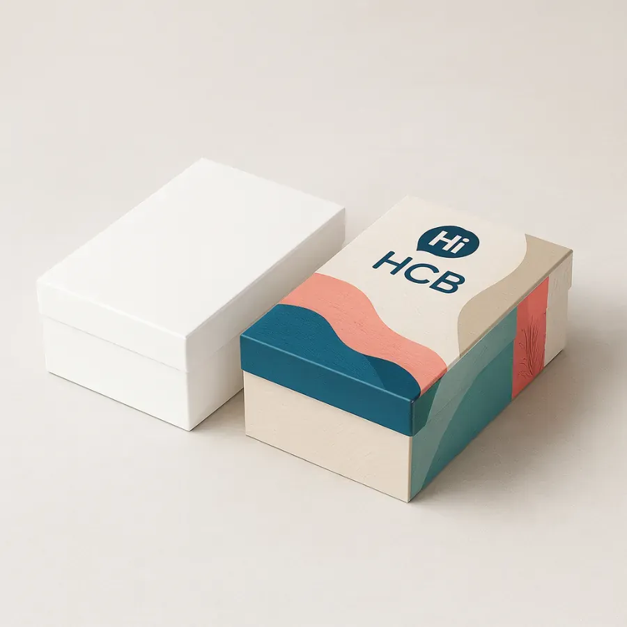 Custom two-piece boxes for swimwear wholesale- showing a clean white base and a branded lid with abstract waves class=