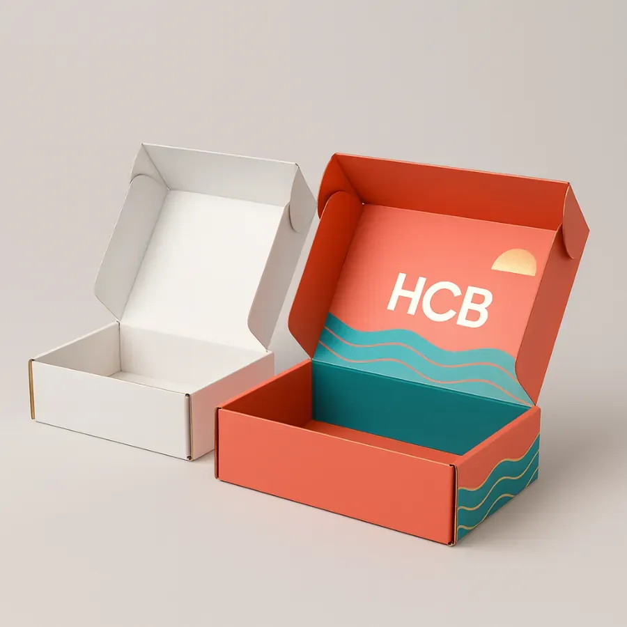 Custom mailer boxes for swimwear- featuring a vibrant coral and blue wave design with -HCB- logo class=