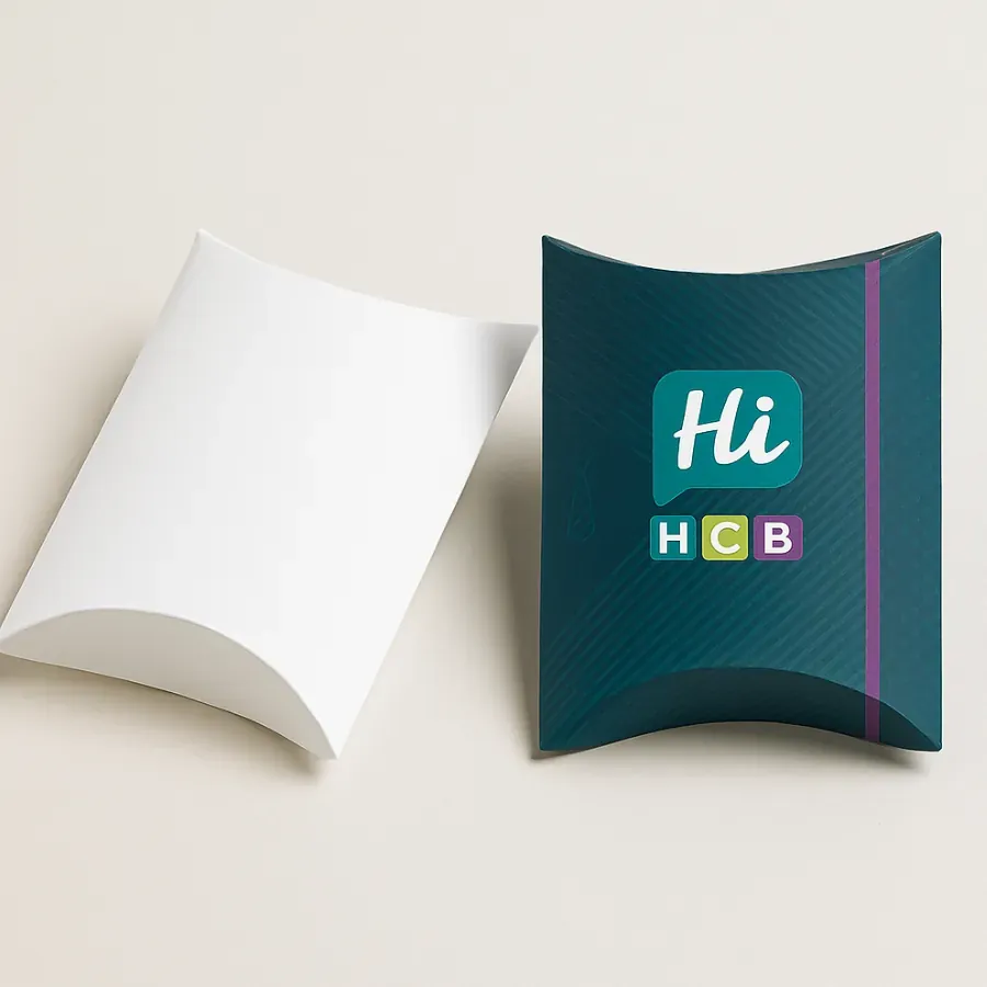 Custom printed pillow gift tie boxes in dark teal and white for modern neckwear packaging class=