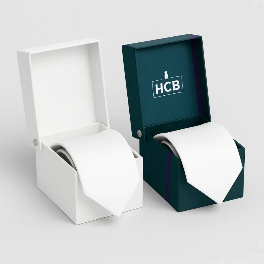 Hinged magnetic closure luxury tie boxes holding a white tie- available in white and custom teal- for high-end merchandise class=