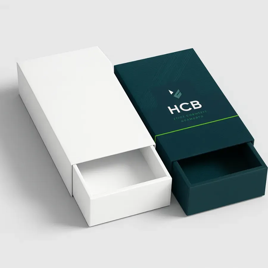 Luxurious sliding drawer style tie boxes in white and custom-printed dark teal for retail packaging
