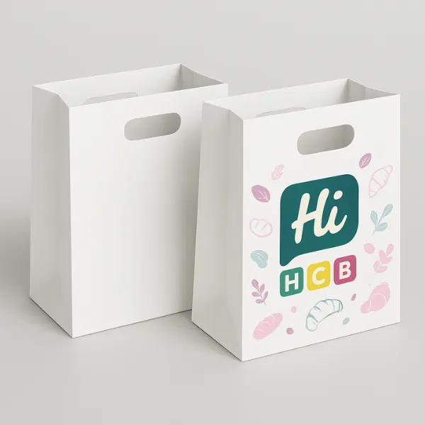 White die-cut handle paper bag with pastel icon prints- suitable for gift packaging and bakery items- class=
