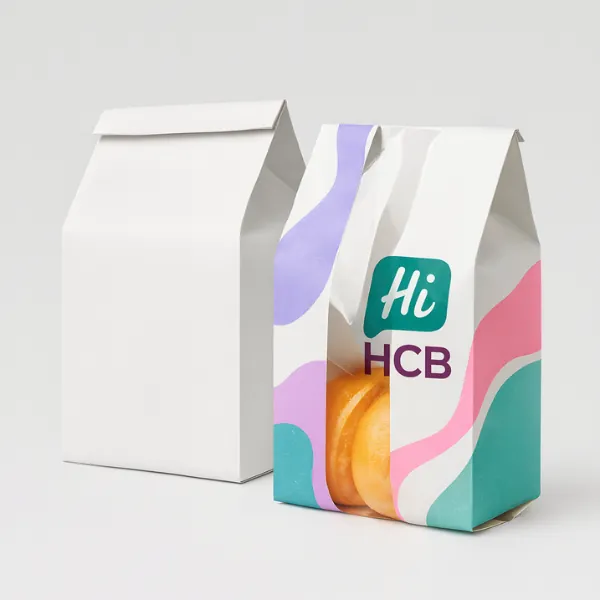 White custom paper shopping bag with twisted handles and colorful printed design- ideal for retail packaging-