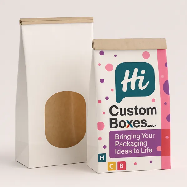 Foldable paper food bag with modern pastel wave design and window- perfect for bakery and takeaway packaging- class=