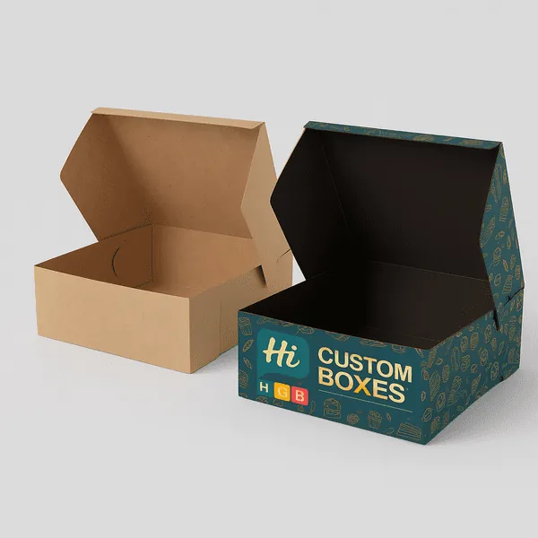 Two open bakery boxes one plain kraft and one custom printed with Hi Custom Boxes branding class=