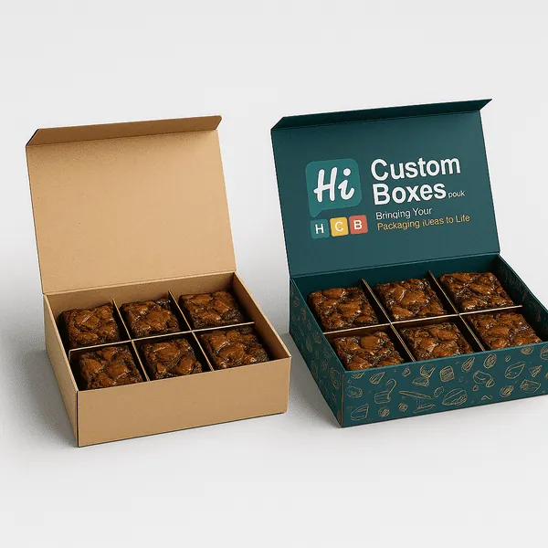 Two brownie packaging boxes one plain kraft one branded Hi Custom Boxes with dividers inside