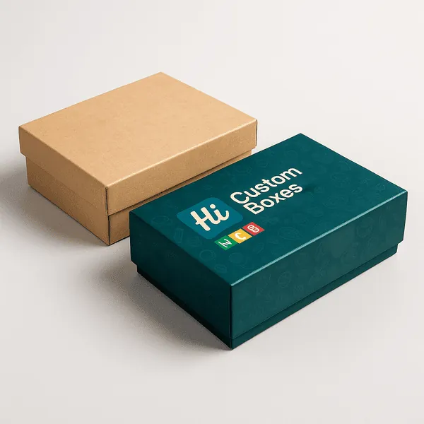 Two rigid gift boxes one plain kraft and one teal branded box with Hi Custom Boxes logo printed class=
