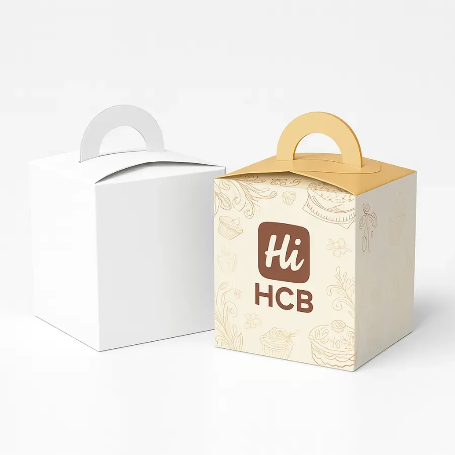 Square single cake box with handle featuring custom printed bakery design for easy carry and presentation- class=