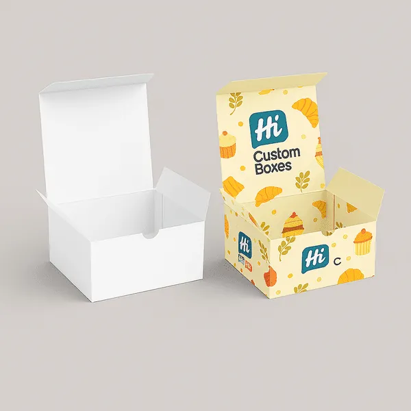 Two open packaging boxes one plain white one custom printed with Hi Custom Boxes bakery design