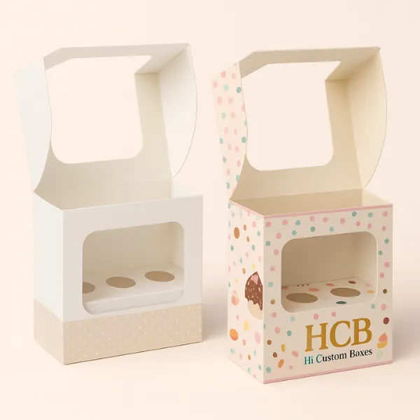 Tall cake pop display boxes with wide windows - one dotted pastel- one plain cream with insert holes- class=
