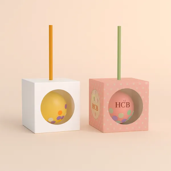 Two cube-shaped cake pop boxes with clear windows - one plain white- one pink with HCB branding and dots-