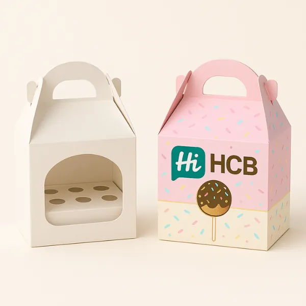 Gable-style cake pop boxes with top handles - plain and branded with a chocolate pop and sprinkles- class=
