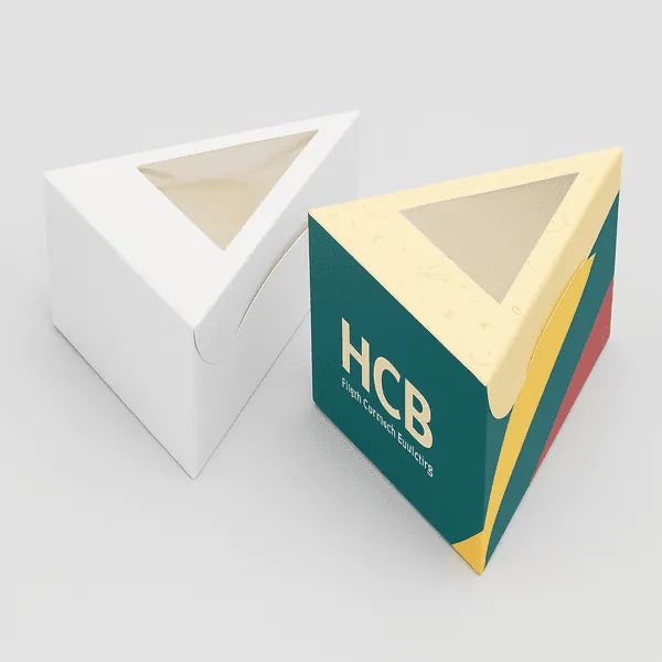 Two triangle cake slice boxes with windows one plain white one multicolour with HCB branding class=