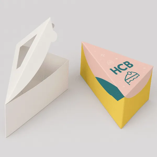 Two triangle cake slice boxes one plain white with window one colourful with HCB logo and cake icon class=