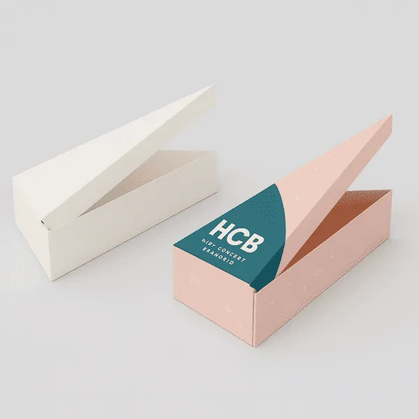 Two wedge shaped cake slice boxes one plain white one pink with HCB branding and stylish graphics class=