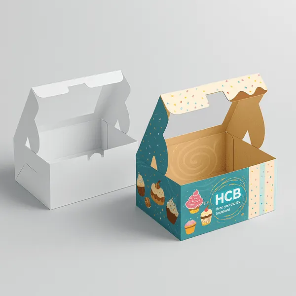 Printed dessert takeaway boxes with handle shown in plain white and colourful cupcake themed designs class=