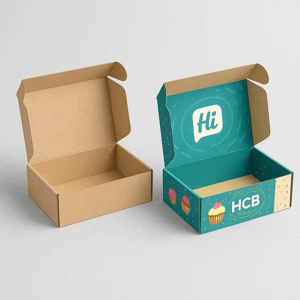 Custom dessert mailer boxes in kraft and colourful cupcake themed designs ideal for food delivery class=