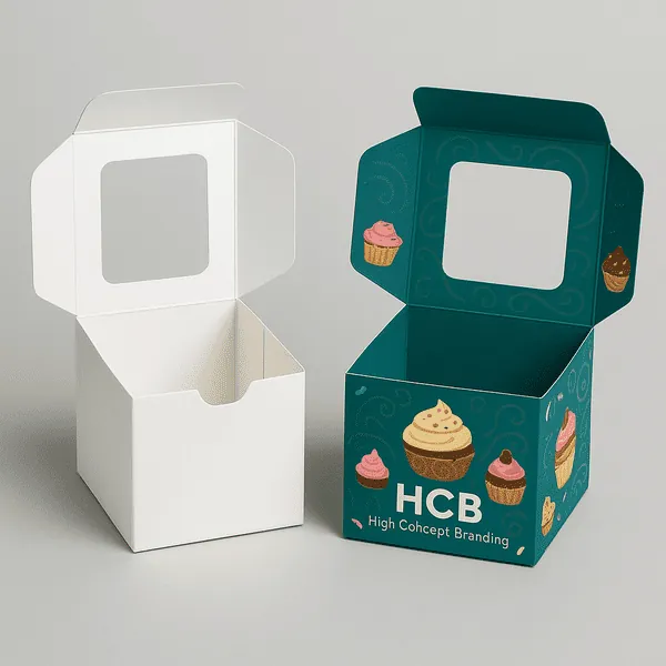 Dessert takeaway boxes with window shown in blank and printed cupcake themed designs for food packaging