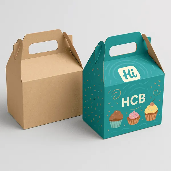 Mini dessert boxes with built in handles shown in kraft and colourful cupcake printed designs class=