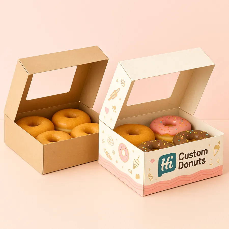 Two open donut boxes- one kraft with plain glazed donuts and a window- the other custom branded with -Hi Custom Donuts-- colorful graphics- and assorted donuts class=