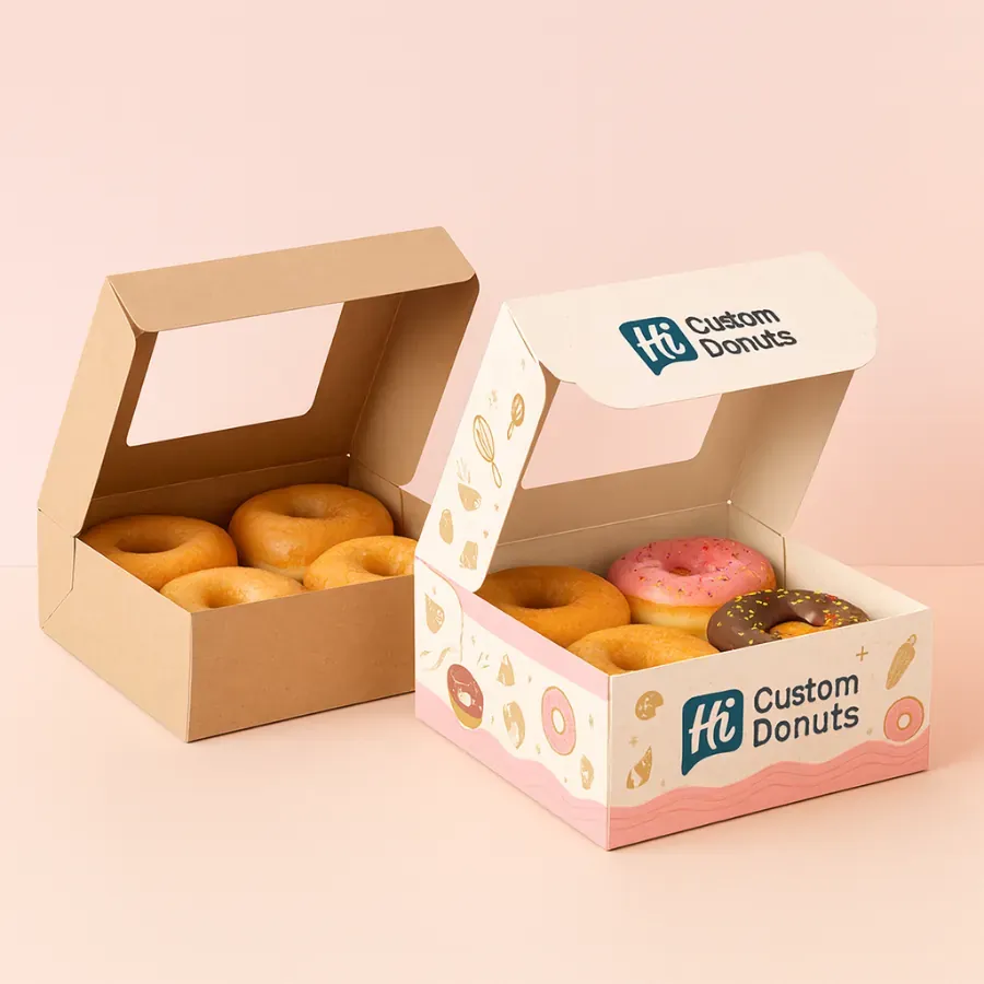 Two open donut boxes with clear windows- one plain kraft with glazed donuts- the other custom branded -Hi Custom Donuts- with assorted frosted donuts inside