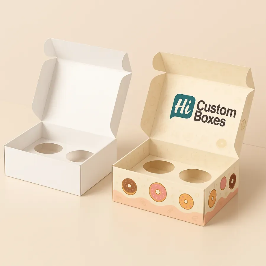 Open custom printed donut box with two circular inserts and donut-themed graphics- alongside a plain white box with similar inserts class=
