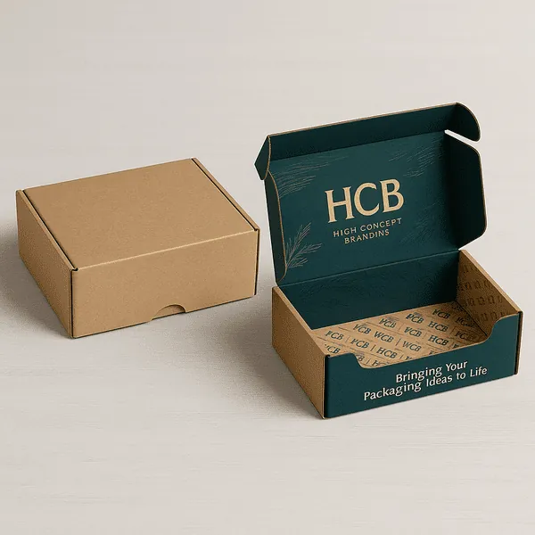 Plain kraft mailer box and custom printed HCB mailer box open to show branded interior and messaging class=