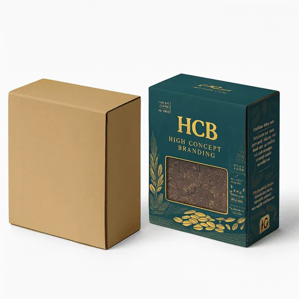 Plain kraft box and custom printed HCB packaging box with window displayed on a white background class=
