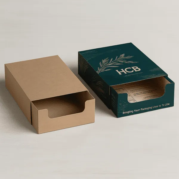Plain kraft tray and custom printed sleeve box with HCB branding displayed on a clean light surface class=