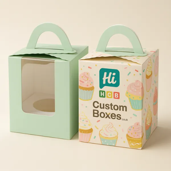 Mint green gable cupcake boxes - one plain- one printed with colorful cupcake illustrations and HCB logo- class=