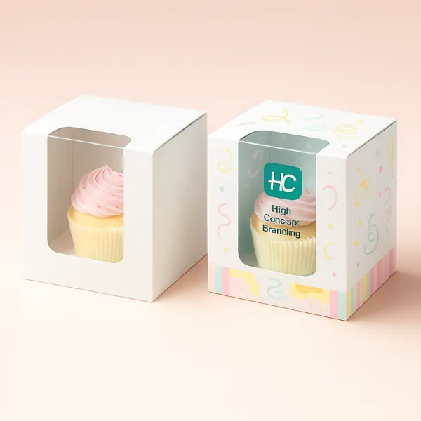 Tall cupcake boxes with windows - one plain- one with pastel patterns and High Concept Branding- class=