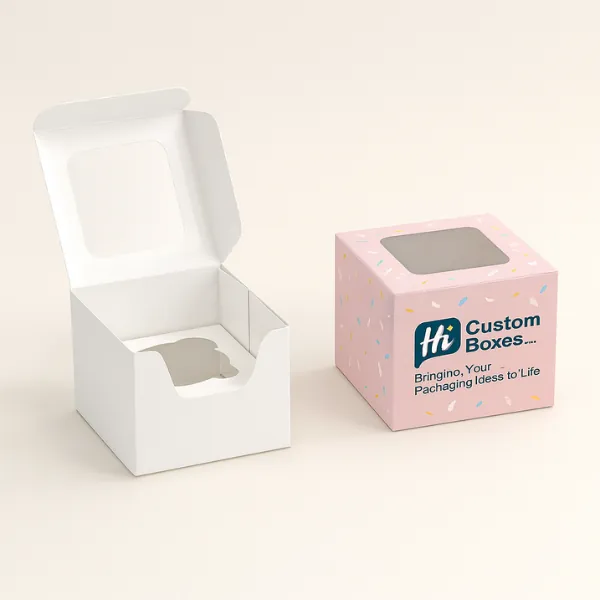 Square cupcake boxes with windows - one plain white- one pink with sprinkles and Hi Custom Boxes logo-