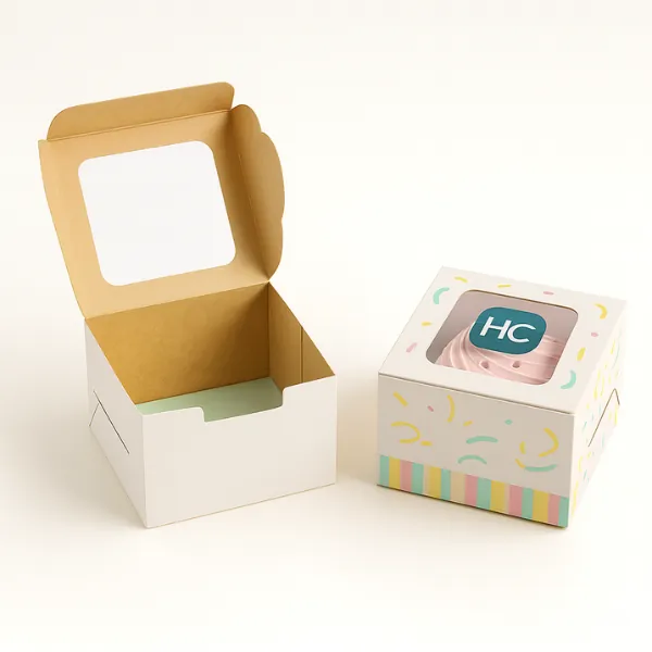 Window cupcake boxes - one plain kraft-lined- one white with pastel sprinkles and High Concept Branding- class=