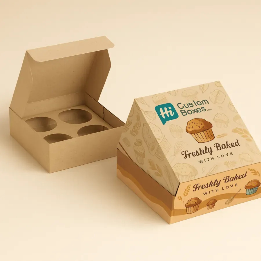 Brown kraft paper muffin boxes with a separate four-cup insert- shown open and closed- featuring a custom bakery design for secure cake packaging